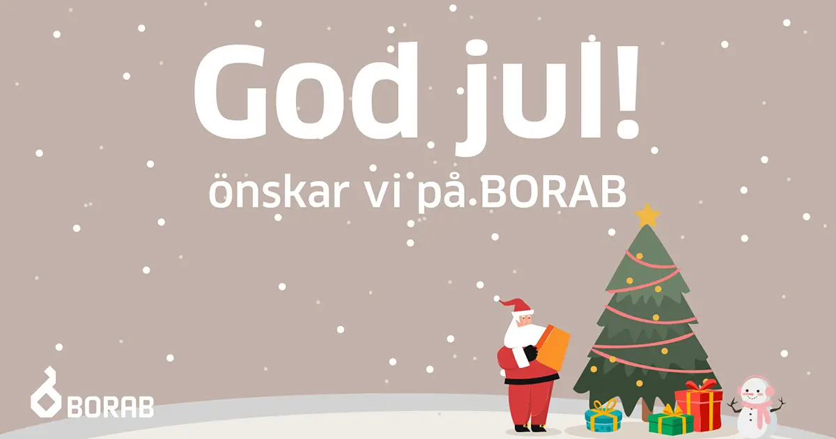 Julbild med tomte och gran. text i bild: Vi på BORAB önskar dig en God jul!